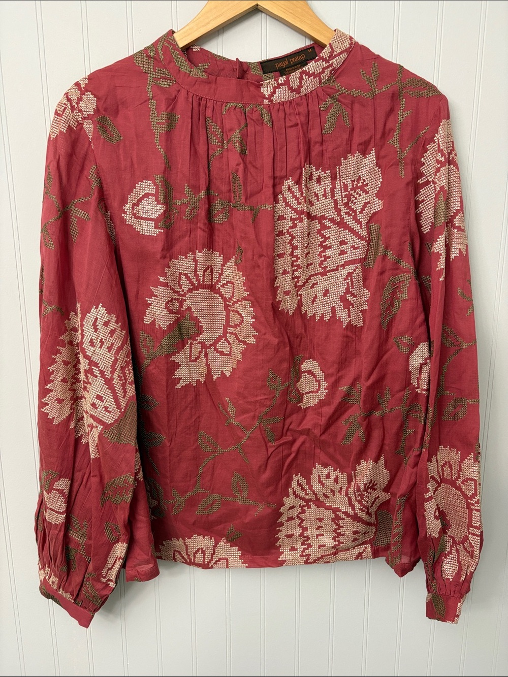 Payal Pratap Long Puff Sleeve Embroidered Floral Blouse Women Size 14 Top